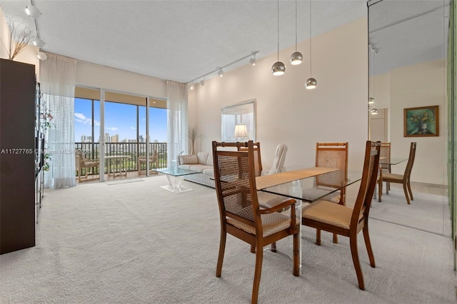 dining area with a towering ceiling, track lighting, light colored carpet, and a textured ceiling