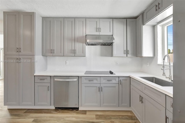 kitchen with sink, gray cabinets, stainless steel dishwasher, and wall chimney range hood