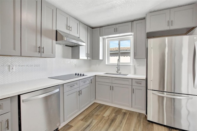 kitchen with light hardwood / wood-style floors, a textured ceiling, appliances with stainless steel finishes, gray cabinetry, and sink