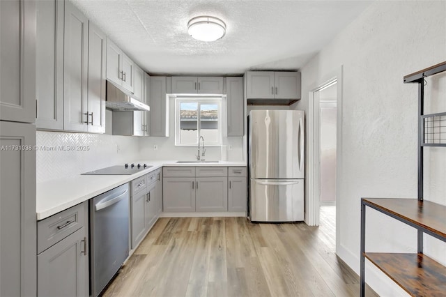 kitchen with light hardwood / wood-style flooring, appliances with stainless steel finishes, sink, gray cabinetry, and a textured ceiling