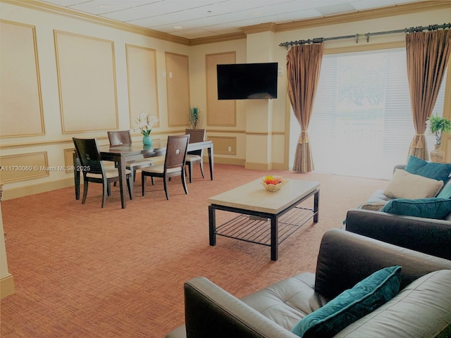 living room with light colored carpet and crown molding