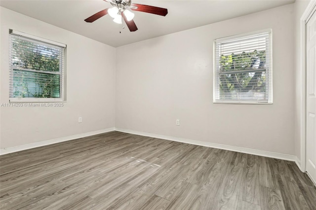 unfurnished room with ceiling fan and wood-type flooring