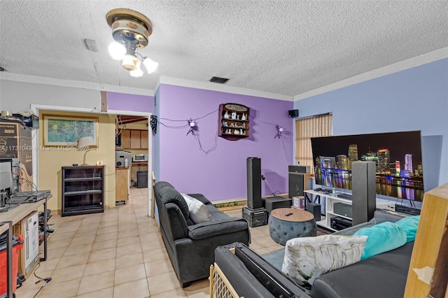 living room with light tile patterned floors and a textured ceiling