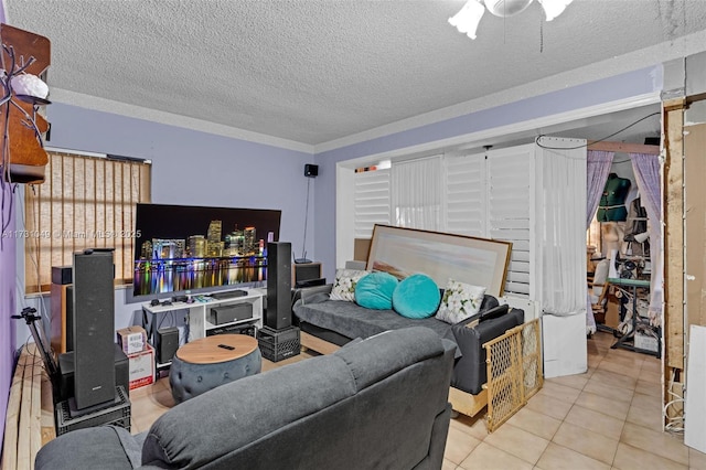 living room featuring a textured ceiling and light tile patterned floors