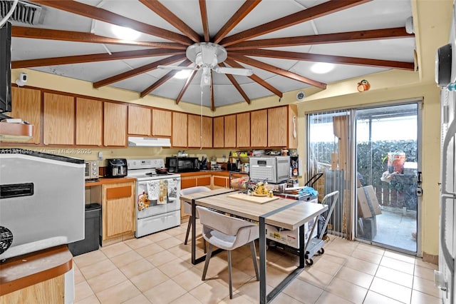 kitchen with white electric range oven, lofted ceiling with beams, and light tile patterned flooring