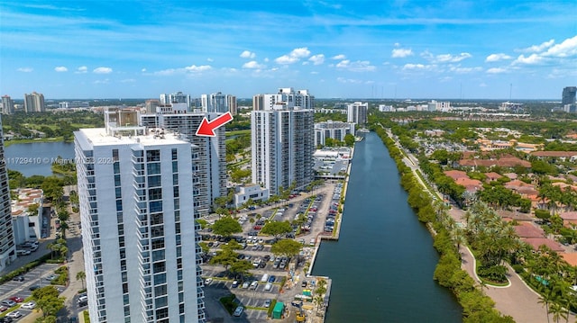 aerial view featuring a water view