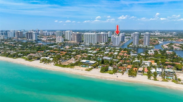 bird's eye view with a water view and a view of the beach