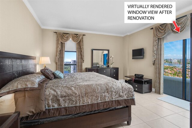 tiled bedroom featuring access to exterior and ornamental molding