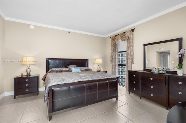 bedroom with light tile patterned floors and ornamental molding