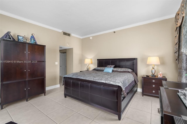 bedroom with ornamental molding and light tile patterned flooring