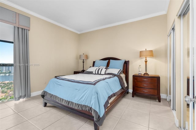 tiled bedroom featuring crown molding and multiple windows