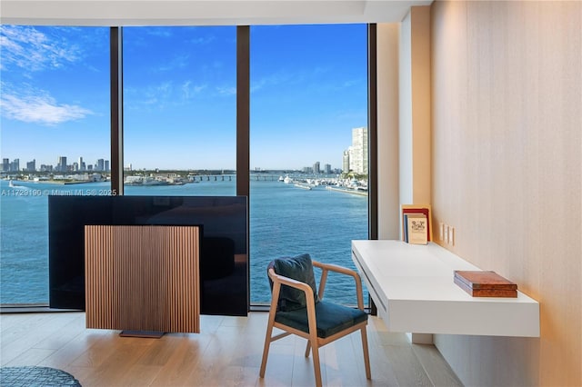 office area featuring expansive windows, a water view, a healthy amount of sunlight, and light hardwood / wood-style flooring