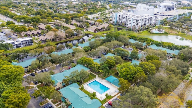 birds eye view of property featuring a water view