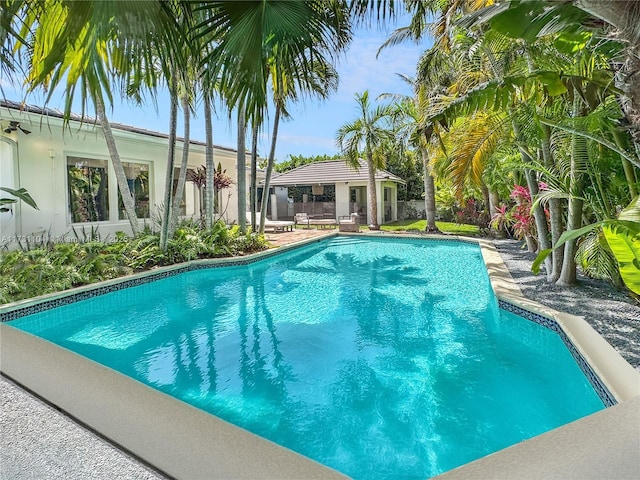 outdoor pool with an outbuilding and a patio area