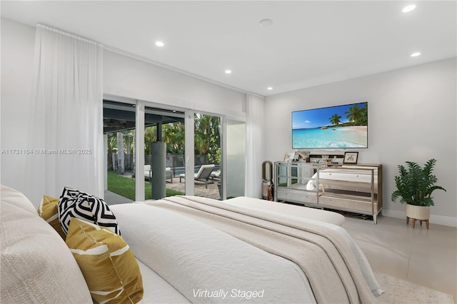 bedroom with recessed lighting, baseboards, and access to outside