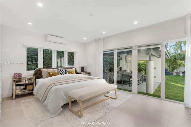 bedroom featuring an AC wall unit, recessed lighting, access to exterior, and multiple windows