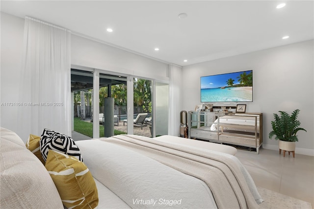 bedroom featuring access to outside, recessed lighting, and baseboards