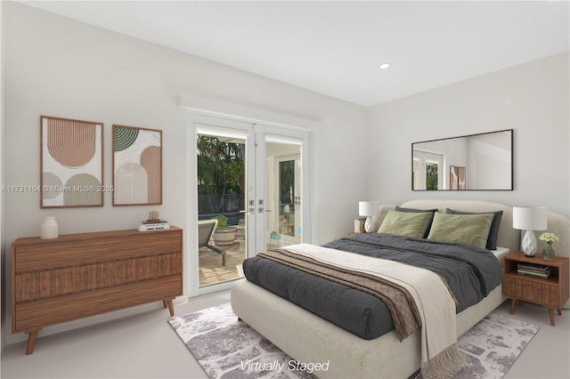 bedroom featuring french doors, recessed lighting, and access to exterior