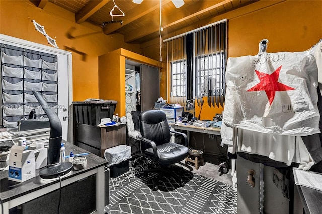 home office featuring beamed ceiling and wood ceiling