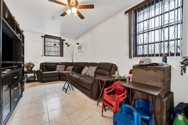 tiled living room with ceiling fan