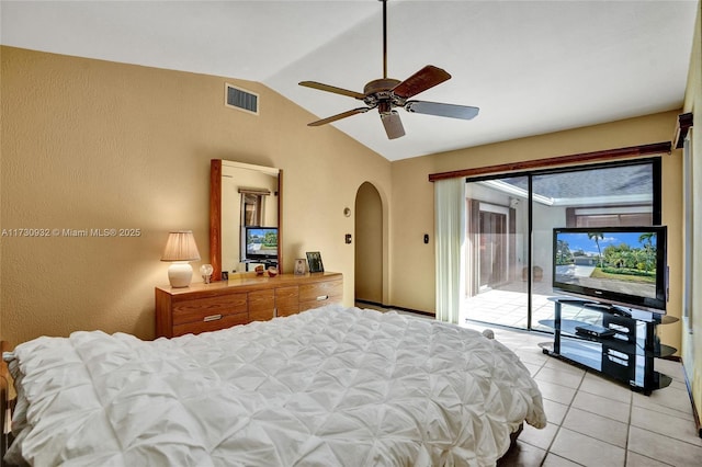 tiled bedroom featuring lofted ceiling, access to outside, and ceiling fan