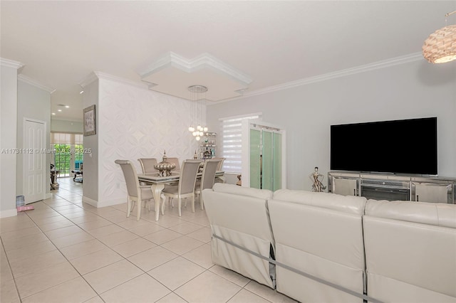 tiled living room featuring ornamental molding