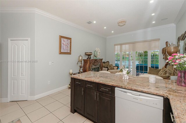 kitchen featuring kitchen peninsula, crown molding, dishwasher, sink, and light tile patterned flooring