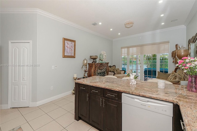 kitchen with crown molding, dark brown cabinetry, white dishwasher, and light stone countertops