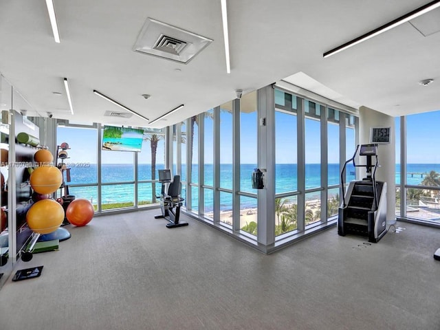 gym featuring a water view, a wall of windows, and a wealth of natural light