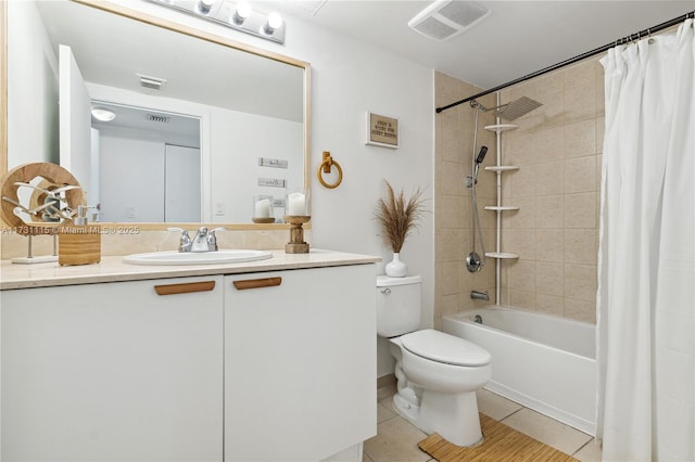 full bathroom featuring toilet, vanity, shower / tub combo with curtain, and tile patterned flooring