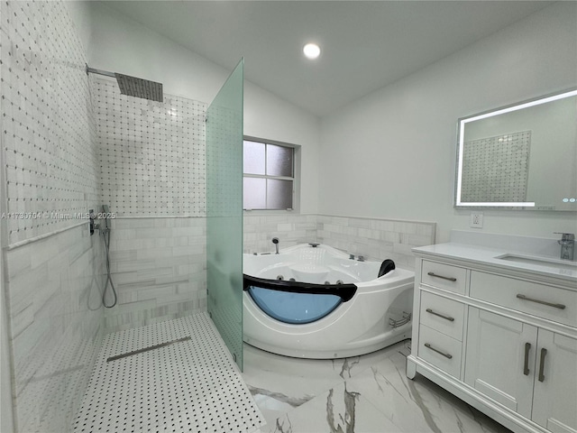 bathroom with plus walk in shower, vaulted ceiling, and vanity