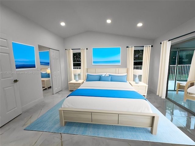 bedroom featuring baseboards, vaulted ceiling, recessed lighting, access to exterior, and marble finish floor