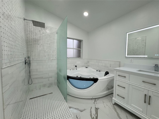 bathroom featuring walk in shower, a bath, marble finish floor, and lofted ceiling