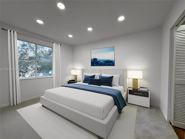 carpeted bedroom featuring baseboards and recessed lighting