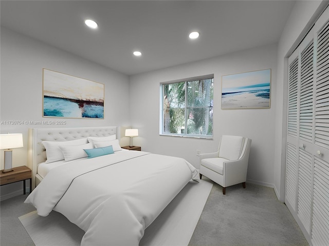 bedroom with light colored carpet and a closet