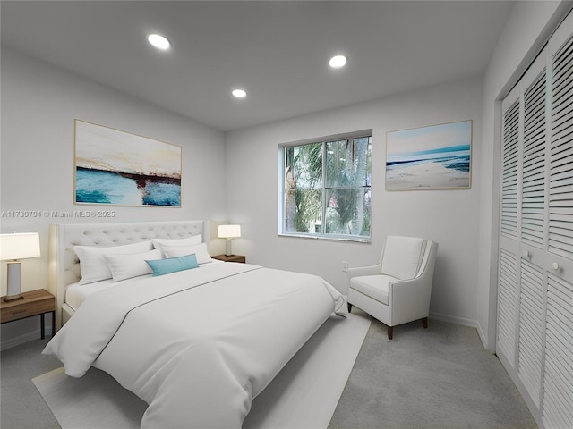 bedroom featuring light carpet, a closet, baseboards, and recessed lighting