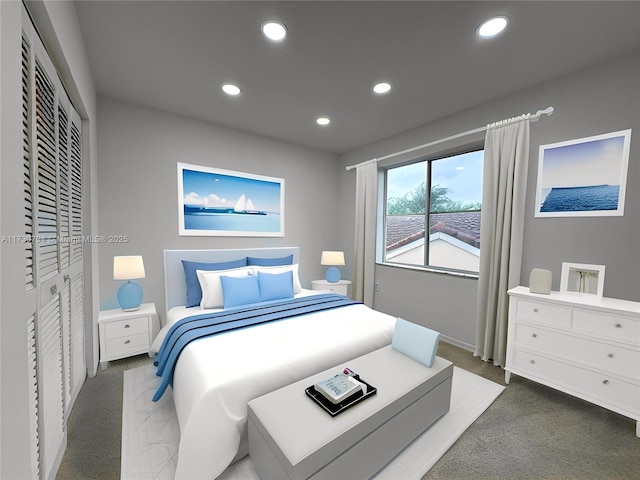 carpeted bedroom featuring recessed lighting, a closet, and baseboards