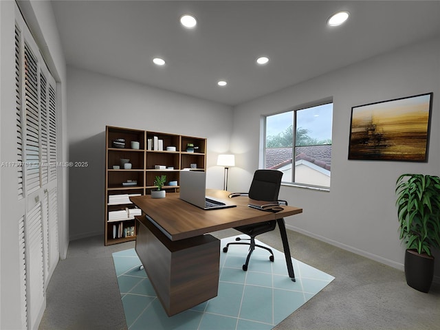 carpeted office featuring baseboards and recessed lighting