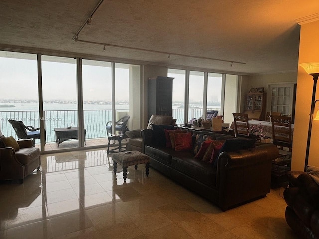 living room with light tile patterned floors, rail lighting, a wall of windows, and a water view