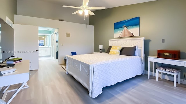 bedroom with ceiling fan and hardwood / wood-style floors