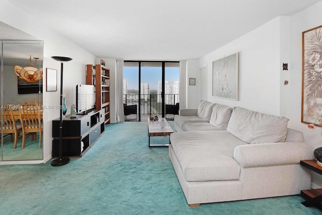 carpeted living room with floor to ceiling windows