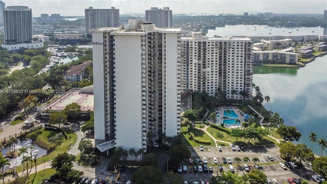 drone / aerial view featuring a water view