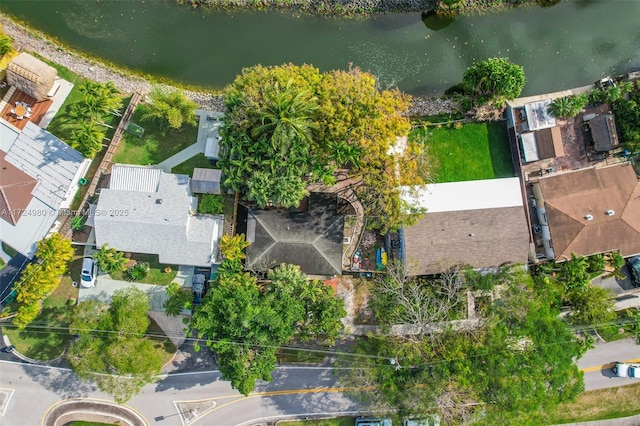 aerial view featuring a water view