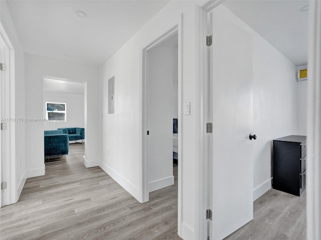 hall featuring electric panel and light hardwood / wood-style flooring