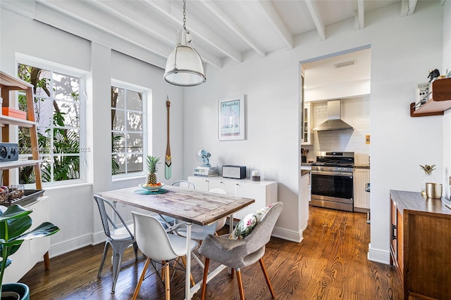 dining space featuring beamed ceiling, dark wood-type flooring, and a wealth of natural light