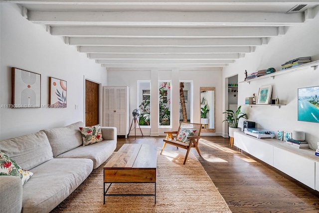 living room featuring dark hardwood / wood-style flooring and beam ceiling