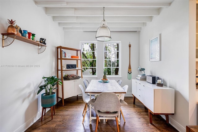 dining room featuring dark hardwood / wood-style floors and beam ceiling