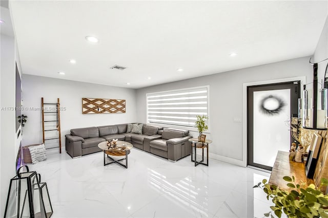 living area featuring recessed lighting, visible vents, baseboards, and marble finish floor