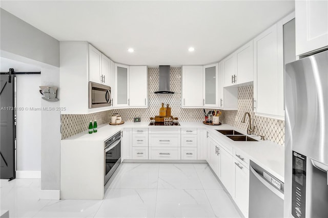 7900 SW 97th Ave, Miami, FL 33173 - kitchen with stainless steel appliances, wall chimney exhaust hood, light marble finish flooring, glass insert cabinets, and recessed lighting