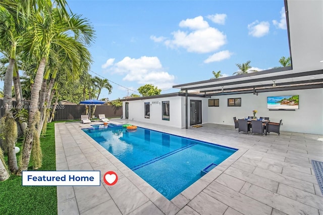 view of swimming pool featuring a patio area, a fenced backyard, and a fenced in pool